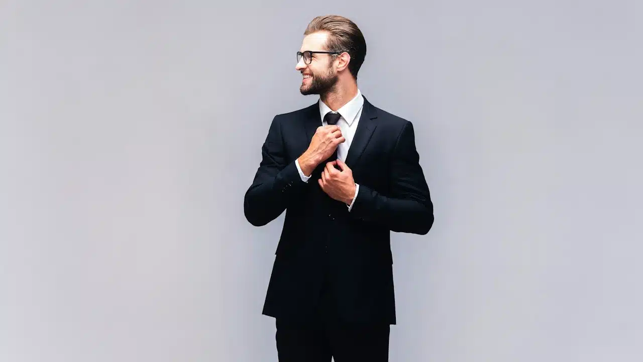 A handsome young man in a full suit adjusting his necktie and smiling.