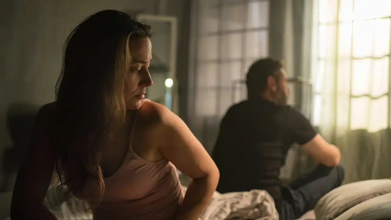 A couple sitting separately on the bed.