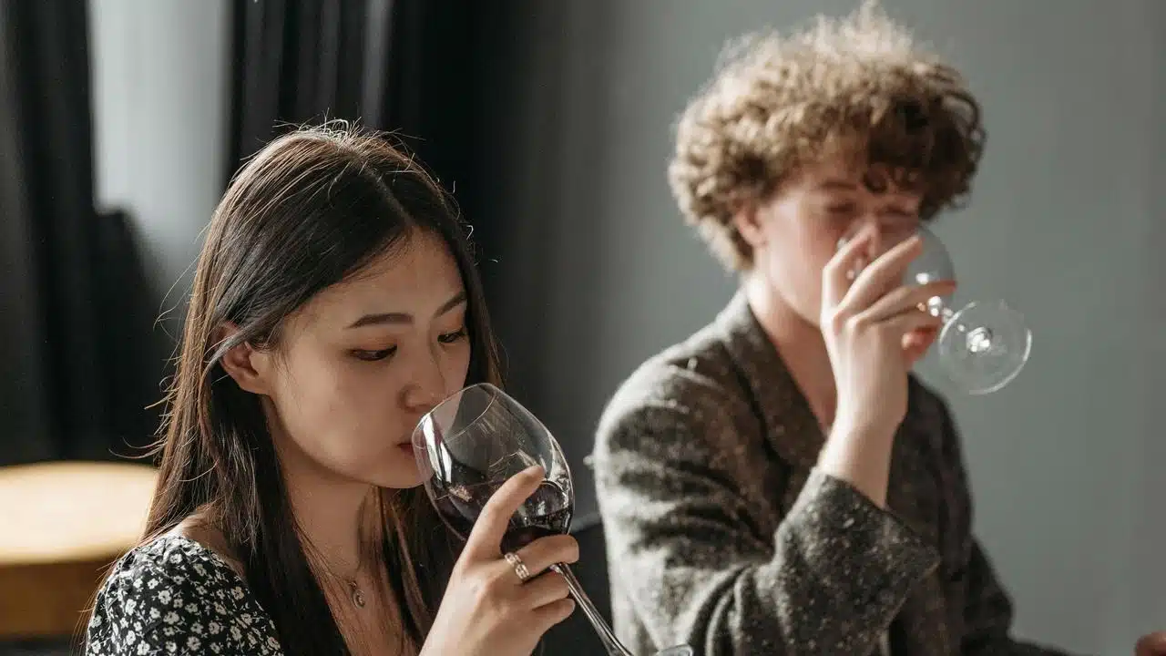 A woman and a man sitting indoors, each drinking a glass of wine.